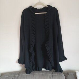 FINAL SALE Kinross Women's 100% Cashmere Black Ruffle Open Cardigan Sweater